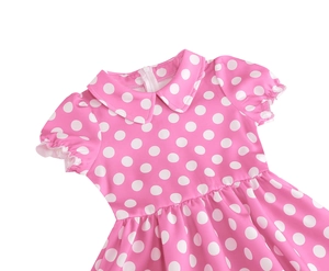 Detail of pink polka dot cotton dress featuring puff sleeves and classic Peter Pan collar