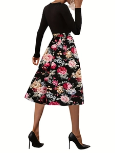 Women's vintage floral print long sleeve midi dress with elegant A-line silhouette