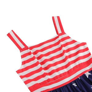 Detail of square neckline dress with red stripes and white stars pattern for Independence Day