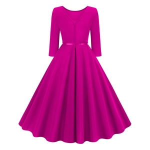 Detail view of fuchsia V-neck dress featuring retro pleated skirt and waist belt design