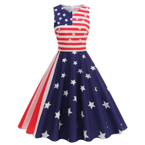 Detail of A-line sleeveless dress featuring American flag stars and stripes pattern