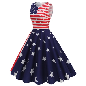 Detail of sleeveless A-line dress featuring vintage American flag stars and stripes pattern