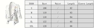 Size chart for women's floral lapel jacket with bust and length measurements in cm