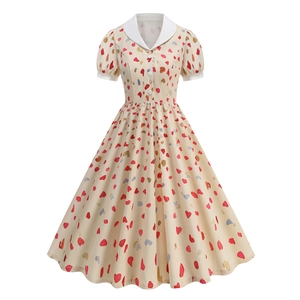 Macro shot of vintage heart print dress detailing white contrast collar and buttons