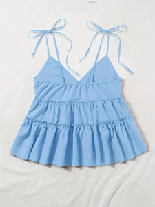 Damen Sexy V-Ausschnitt Gestufte Volant Camisole Casual Sommer Urlaub Ärmelloses Tank Top Mit Bindebändern Babydoll Bluse
