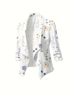 Women Floral Print Jacket Polyester Lapel Open Front Cardigan Ruched Sleeve Slim Fit Casual Elegant Outerwear Light Blazer