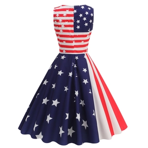 Back view of sleeveless Independence Day dress showing patriotic stars and stripes pattern