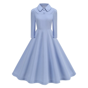 Detail view of light blue vintage dress with Peter Pan collar and waist-cinching design