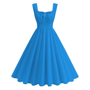 Robe Midi Sans Manches Style Hepburn Vintage Col en U Plissé Nœud Papillon Trapèze Swing Robe de Fête Polyester Cocktail Femme