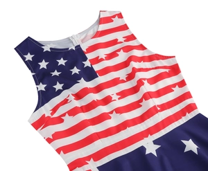 Detail of American flag pattern fabric and hidden zipper on sleeveless dress