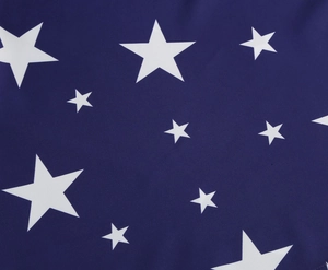 Close-up detail of blue fabric with white star print and vintage textile texture