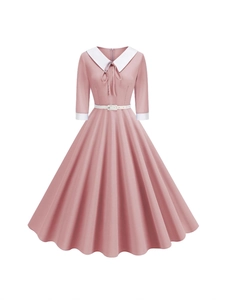Women Vintage 1950s Hepburn Style Dress Peter Pan Collar Short Sleeve A Line Swing Midi Dress With Belt Elegant Retro Party Dress
