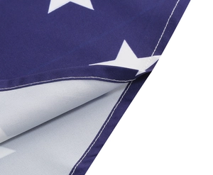 Macro shot showing double-needle stitching and white star pattern on navy blue fabric