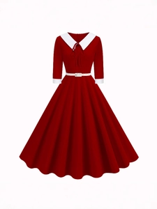 Elegant 1950s vintage red A-line dress with white Peter Pan collar and waist belt