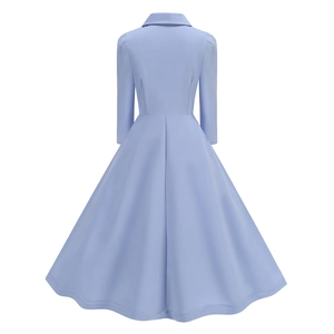 Back view of light blue vintage long-sleeve dress with elegant A-line flared hemline