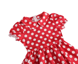 Close-up of the Peter Pan collar and back zipper detail on a red polka dot dress