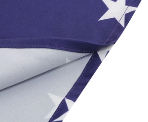 Macro detail of blue fabric with white star print and reinforced edge stitching