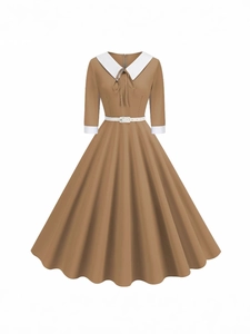 Elegant brown retro A-line dress with contrasting white lapel collar and waist belt