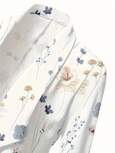Elegant floral print white crepe jacket with light blue and orange blossoms