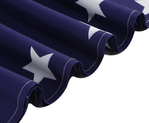 Close-up of star pattern on navy blue fabric with high-quality double-stitched hem details