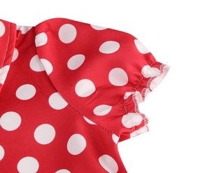 Detailed view of red polka dot dress with elastic bubble sleeves and cotton collar