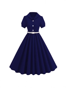 Vintage V-Neck Short Sleeve Big Swing Midi Dress With Belt Elegant 1950s Hepburn Style Women A-Line Retro Party Dress