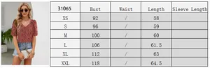 Size chart for women's V-neck floral blouse with bust and length measurements