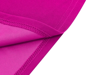 Detail of rose pink dress fabric showing fine texture and professional overlock stitching