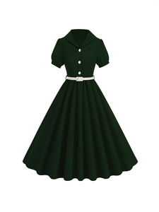 Elegant dark green vintage short sleeve A-line dress with white buttons and waist belt