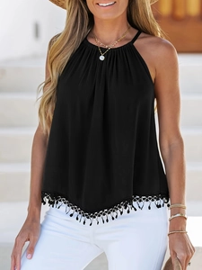 Casual Black Halter Neck Tank Top For Women Loose Sleeveless Summer Vacation Shirt With Pom-Pom Fringe Lace Trim Backless Cami