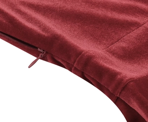 Detail of burgundy velvet fabric with high-quality concealed zipper and soft texture