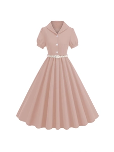 Elegant vintage pink A-line dress with V-neck lapel and short puff sleeves for women