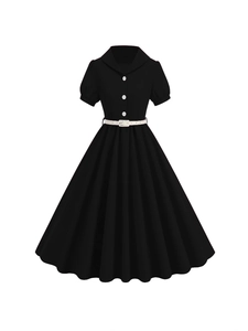Vintage black short-sleeved A-line dress with lapel collar and white belt