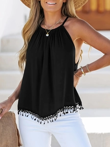 Women's black halter neck top with lace tassel hem for casual summer vacation outfits