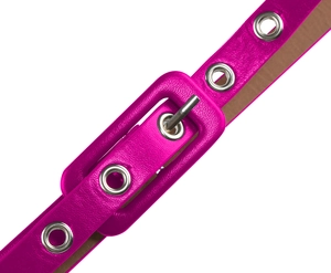 Detail of rose red leather belt with litchi texture and silver buckle for women's dress