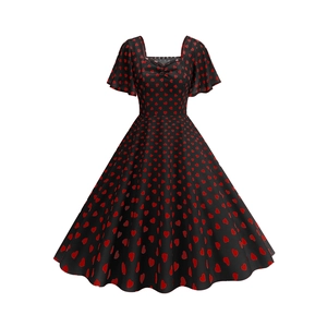 Detail of square neckline and flutter sleeves on vintage black heart print midi dress