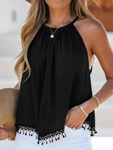 Women's black lace trim halter tank top with elegant pleated neck for summer vacation