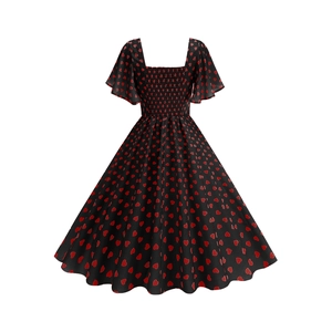 Detail of smocked back and heart print on vintage square neck A-line dress