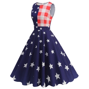 Detail of A-line retro dress with American flag stars and red gingham patchwork patterns