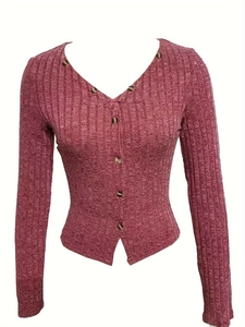 Cardigan da donna in maglia a coste con scollo a V e maniche lunghe color malva