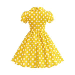 Detail view of the yellow polka dot girl dress with back invisible zipper and retro doll collar