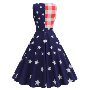 Detail of A-line sleeveless dress featuring American flag stars and red checkered pattern