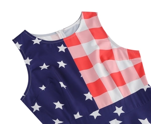 Detail of sleeveless dress neckline featuring American flag stars and stripes pattern