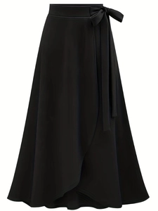 Jupe portefeuille noire taille haute pour femme avec fente et nœud décoratif