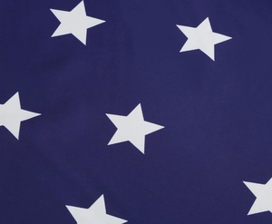 Macro view showing navy blue fabric with white star pattern and plain weave texture