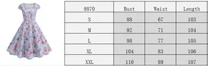 Size chart for floral print short sleeve dress with bust waist and length measurements