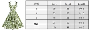 Detailed size chart for vintage floral strap midi dress with bust and waist measurements