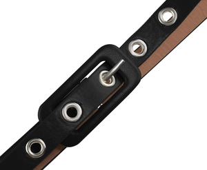 Detail of a black leather belt with silver metal eyelets and a textured rectangular buckle