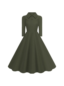 Elegant olive green retro Peter Pan collar high waist swing dress with 1950s style silhouette