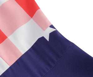 Detail of red gingham and blue star fabric stitching on an Independence Day dress